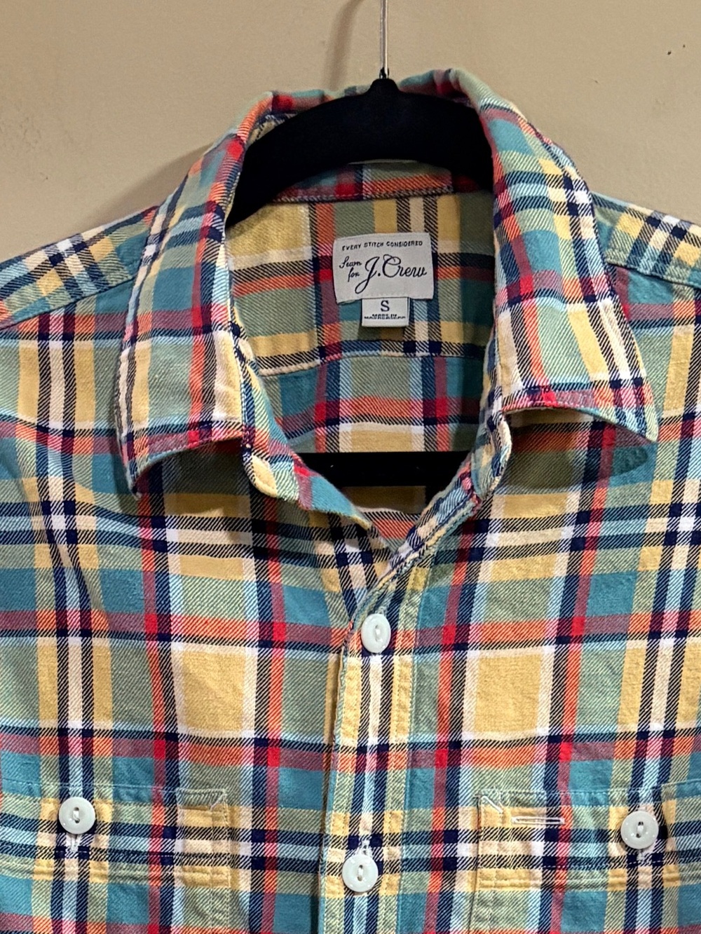 J. Crew Plaid Button-Down Shirt in Yellow, Teal & Red Small